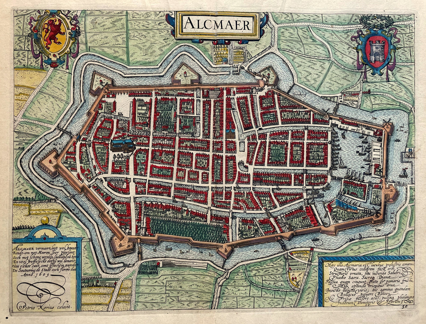 Alkmaar Stadsplattegrond in vogelvluchtperspectief - WJ Blaeu / L Guicciardini - 1613