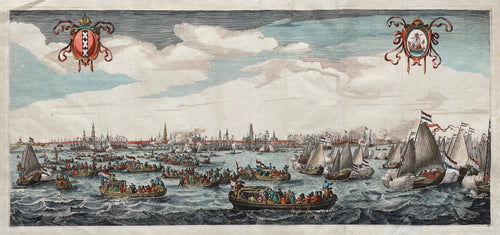 Amsterdam Aanzicht met op de voorgrond het IJ Waterfeesten op het IJ - Salomon Savery / J & C Blaeu - 1638