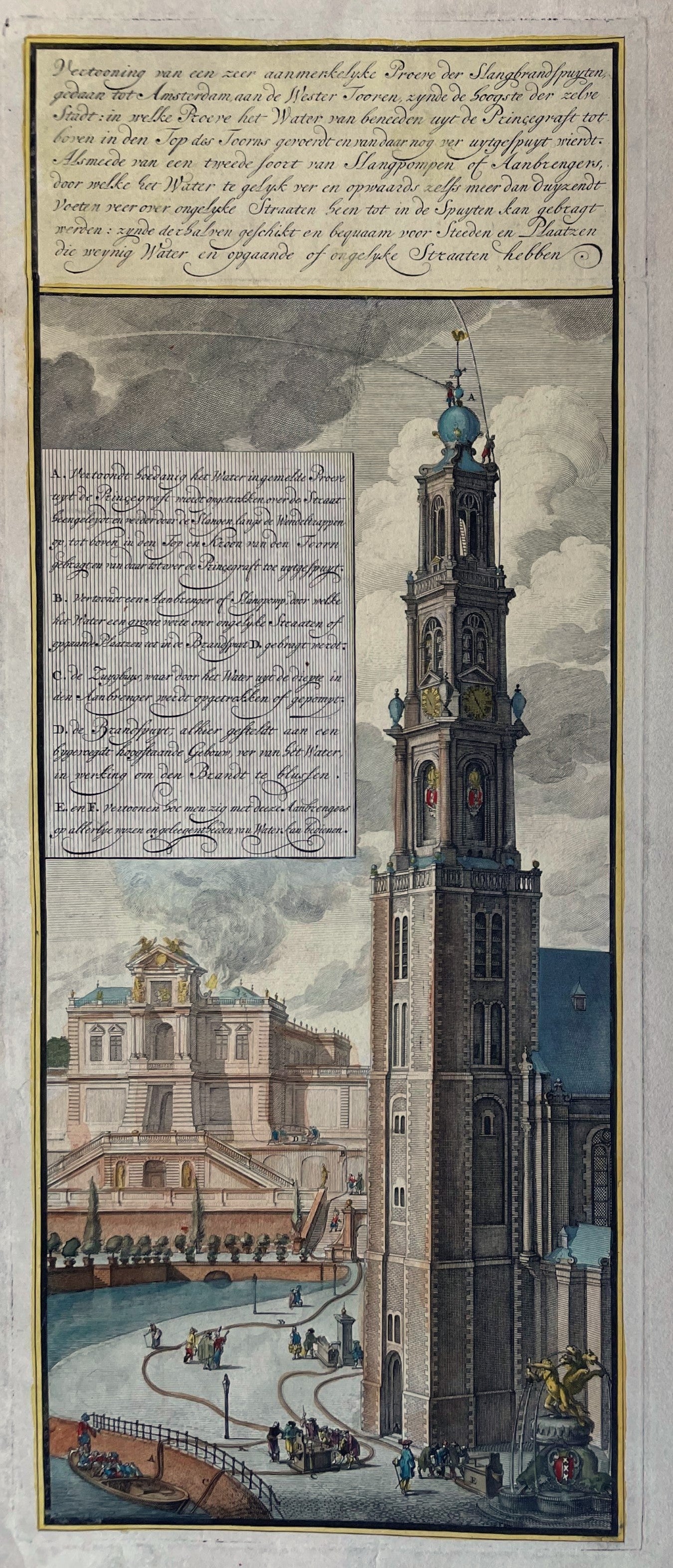 Amsterdam Westertoren demonstratie slangbrandspuiten - Laurens Scherm / Jan van der Heiden - 1735