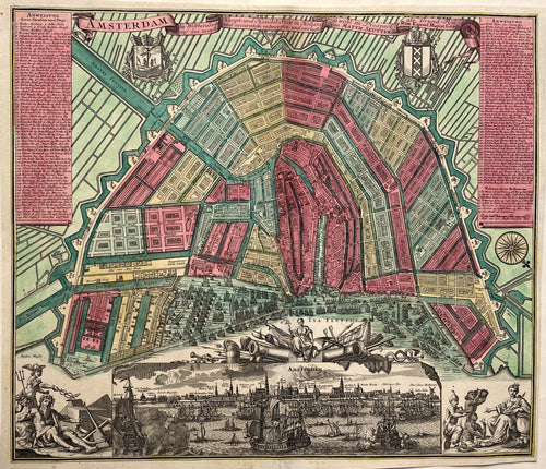 Amsterdam Stadsplattegrond en aanzicht - M Seutter - ca. 1730