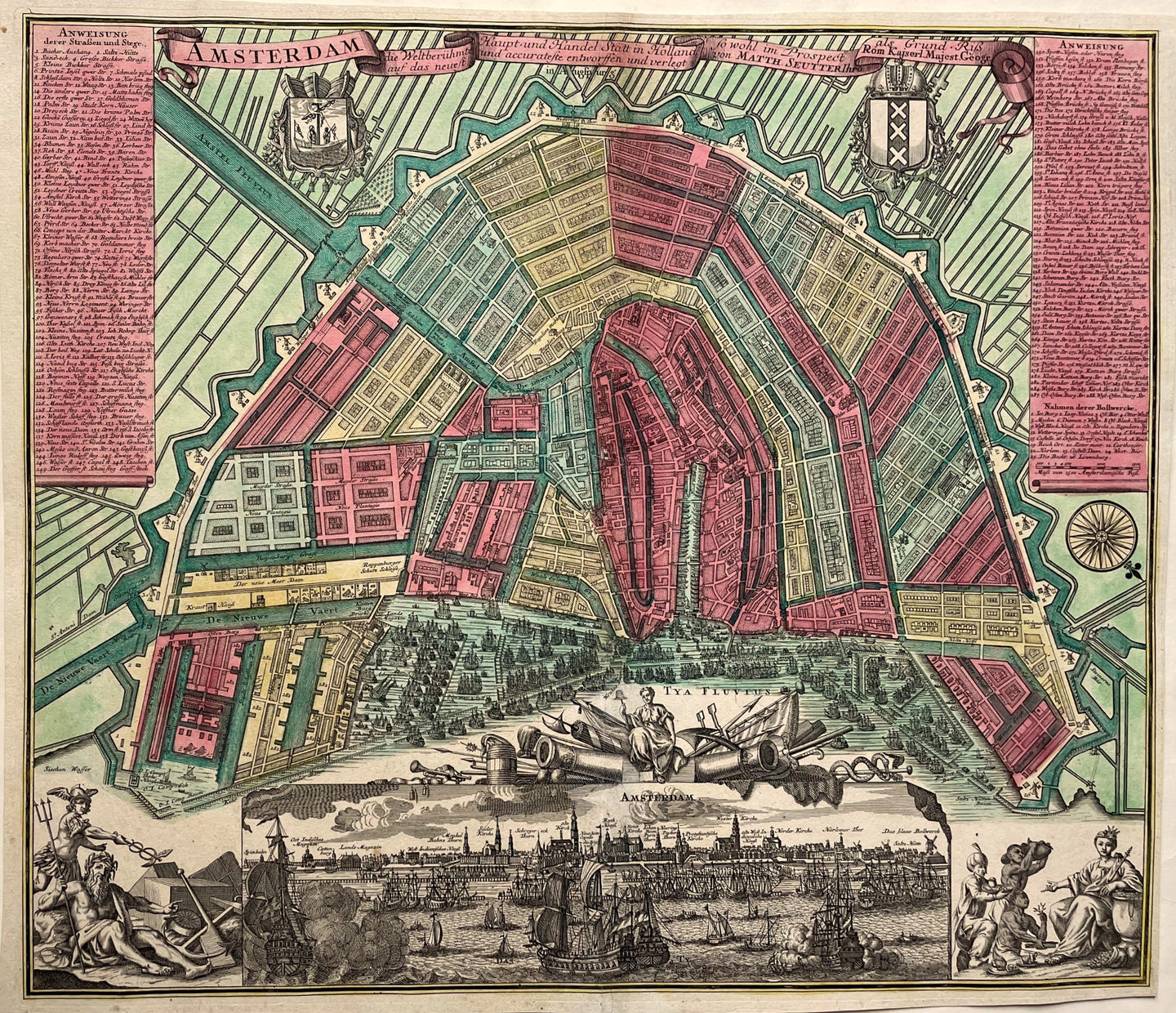 Amsterdam Stadsplattegrond en aanzicht - M Seutter - ca. 1730