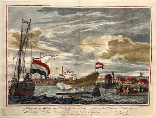 Amsterdam Oostenburg VOC Oost-Indiëwerf tewaterlating VOC-schip De Zon 1768 - R Vinkeles / J Smit - 1772