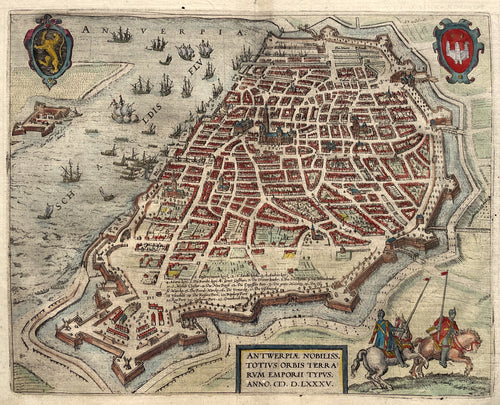 België Antwerpen Stadsplattegrond in vogelvluchtperspectief - F Hogenberg - 1586
