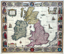 Load image in Gallery view, Groot Brittannië Ierland British Isles Great Britain Ireland Carte-à-figures Kaart met decoratieve sierranden - Abraham Goos / Claes Jansz Visscher - 1630
