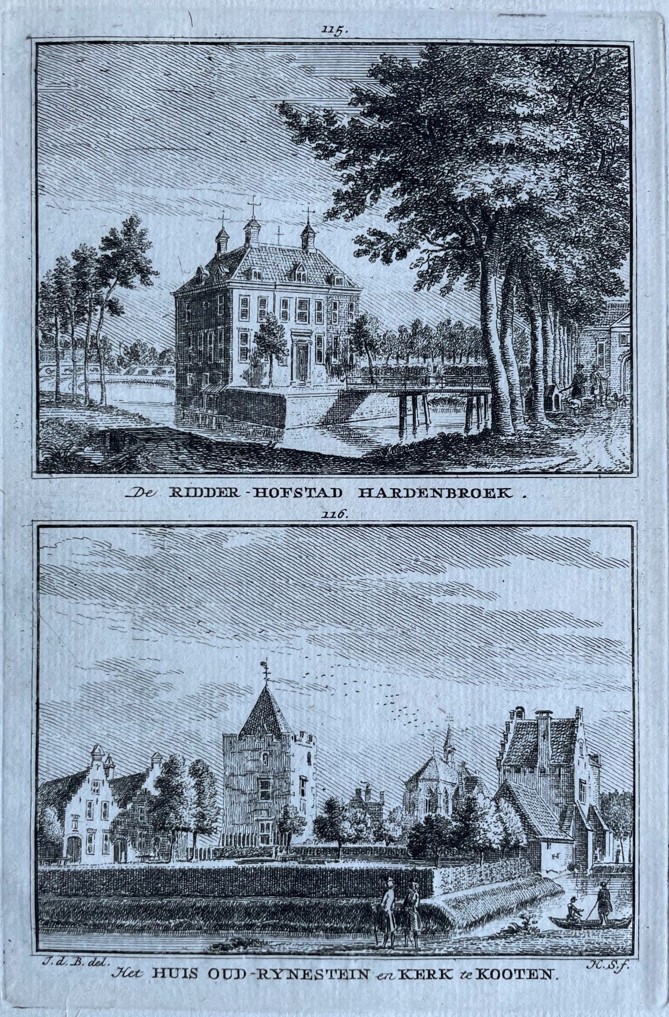 Cothen Ridderhofstad Hardenbroek, Huis Oud-Rynestein en kerk te Cothen - H Spilman - ca. 1750