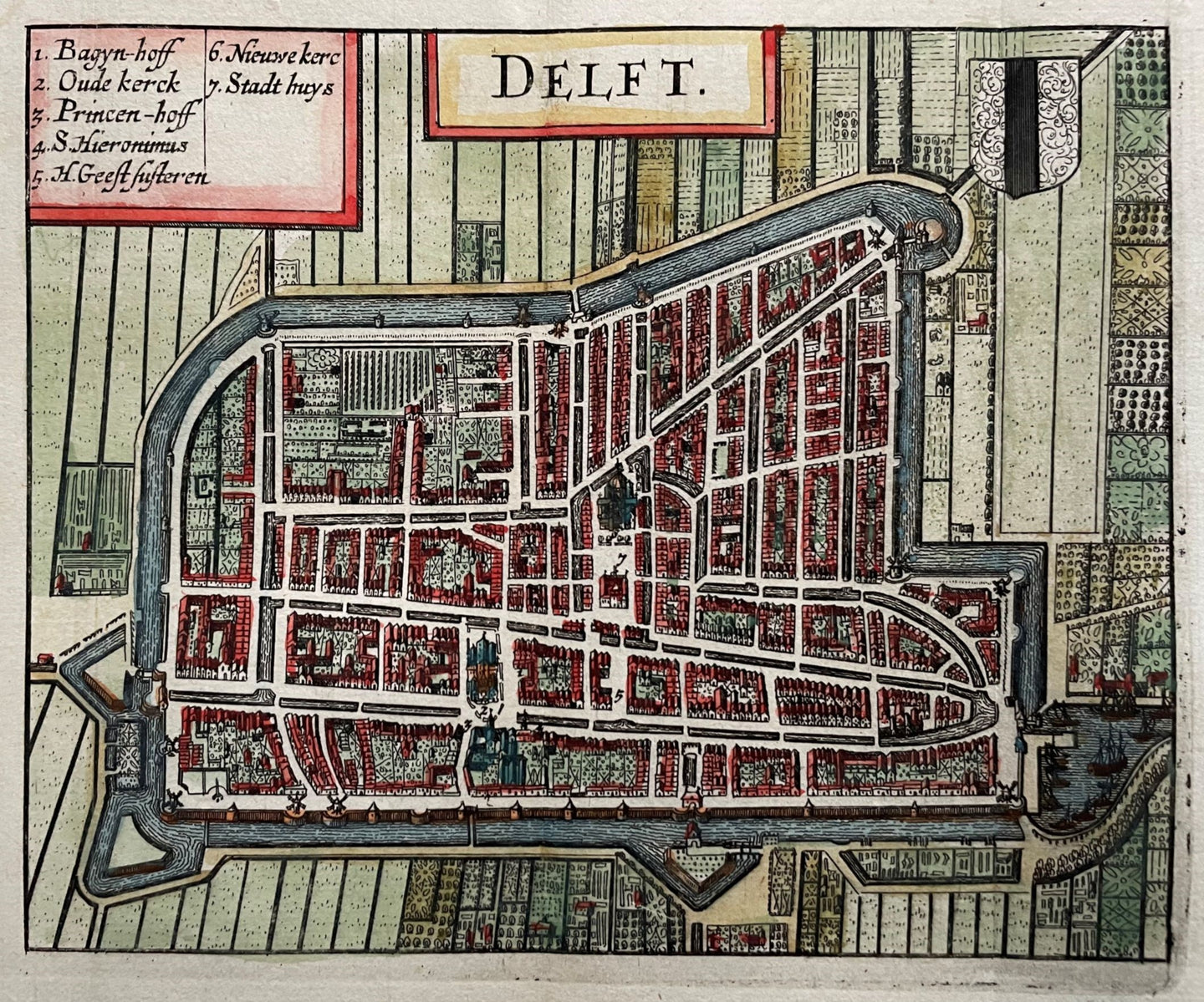 Delft Stadsplattegrond in vogelvluchtperspectief - WJ Blaeu / L Guicciardini - 1635