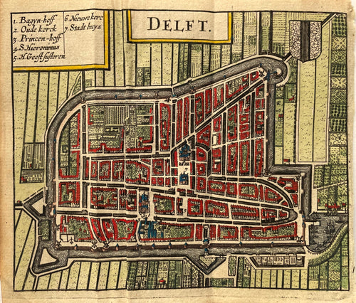 Delft Stadsplattegrond in vogelvluchtperspectief - J Janssonius / L Guicciardini - 1652