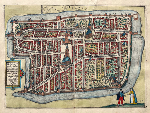 Delft Stadsplattegrond in vogelvluchtperspectief - WJ Blaeu / L Guicciardini - 1613