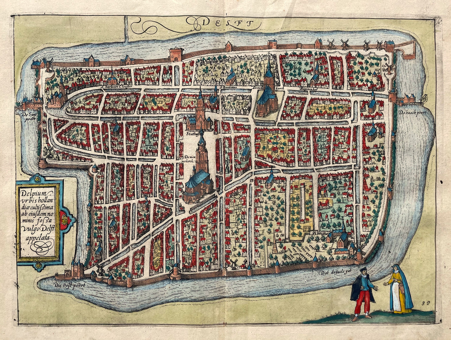 Delft Stadsplattegrond in vogelvluchtperspectief - WJ Blaeu / L Guicciardini - 1613