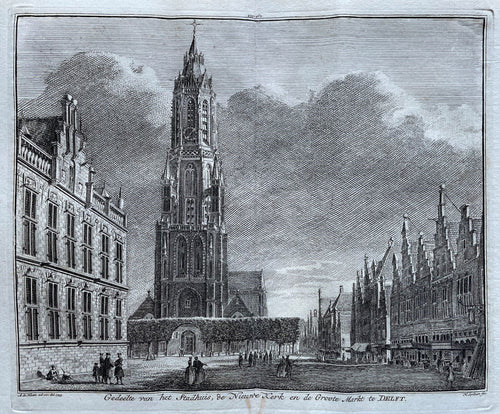 Delft Stadhuis Nieuwe Kerk en Grote Markt - H Spilman - ca. 1750