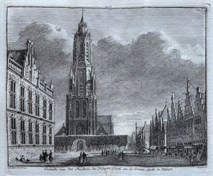 Delft Stadhuis Nieuwe Kerk en Grote Markt - H Spilman - ca. 1750