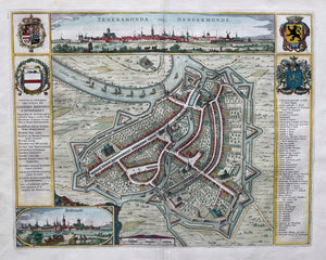 België Dendermonde Stadsplattegrond in vogelvluchtperspectief en aanzicht - J Blaeu - 1649