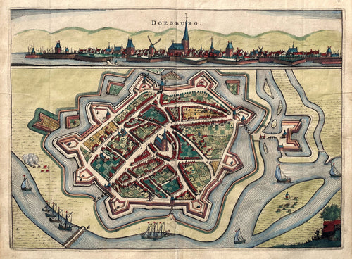 Doesburg Stadsplattegrond in vogelvluchtperspectief en aanzicht - N Geelckerken / J van Biesen - 1654
