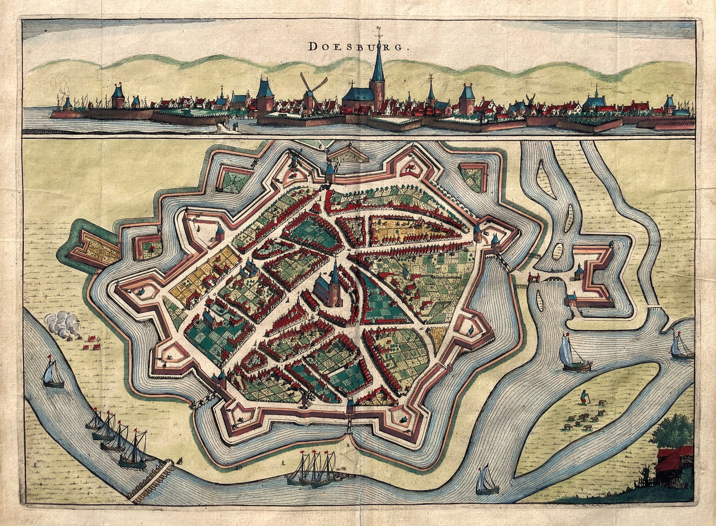 Doesburg Stadsplattegrond in vogelvluchtperspectief en aanzicht - N Geelckerken / J van Biesen - 1654