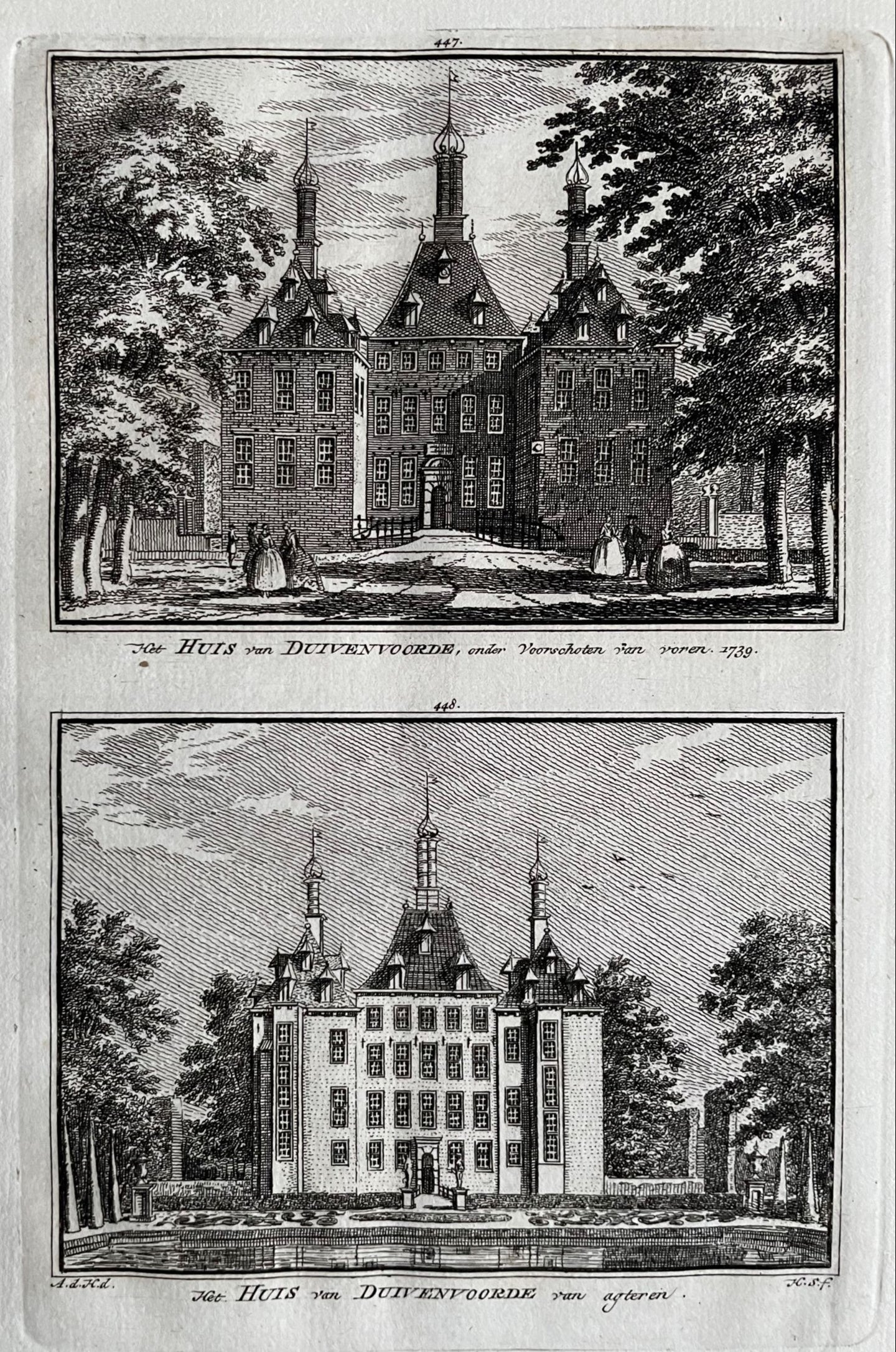 Voorschoten Twee gezichten van Duivenvoorde op een blad - H Spilman - ca. 1750