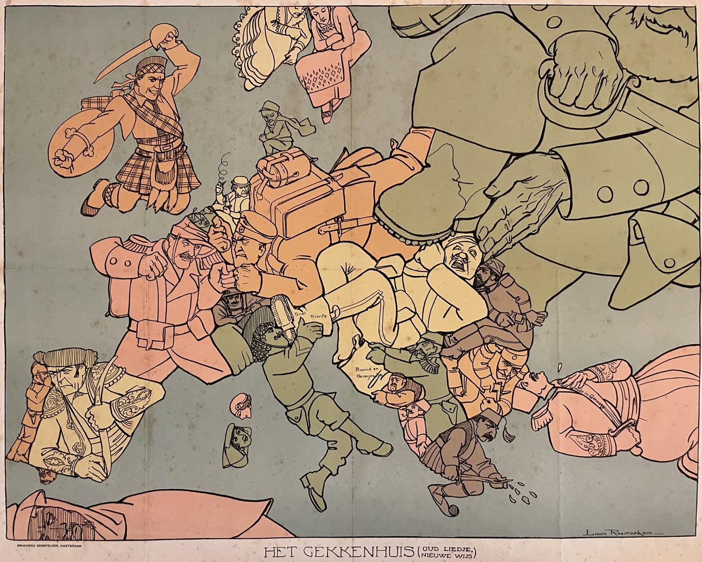 Europa Europe Het Gekkenhuis (The Madhouse) Satirical Map- Louis Raemaekers - 1914-1915