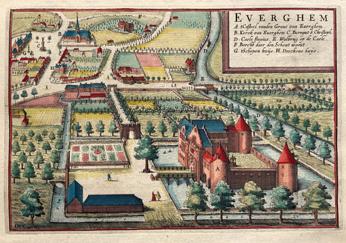 België Evergem Vogelvluchtperspectief van Evergem en het Kasteel van Evergem - J Blaeu - 1649