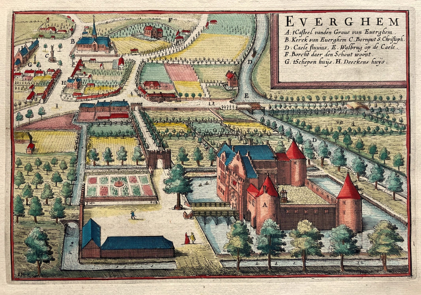 België Evergem Vogelvluchtperspectief van Evergem en het Kasteel van Evergem - J Blaeu - 1649