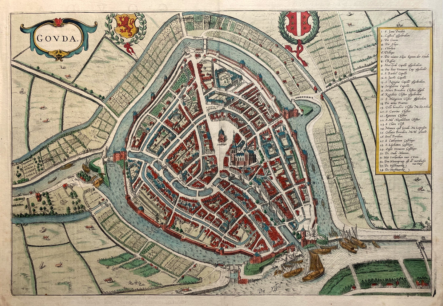 Gouda Stadsplattegrond in vogelvluchtperspectief - J Janssonius - 1657