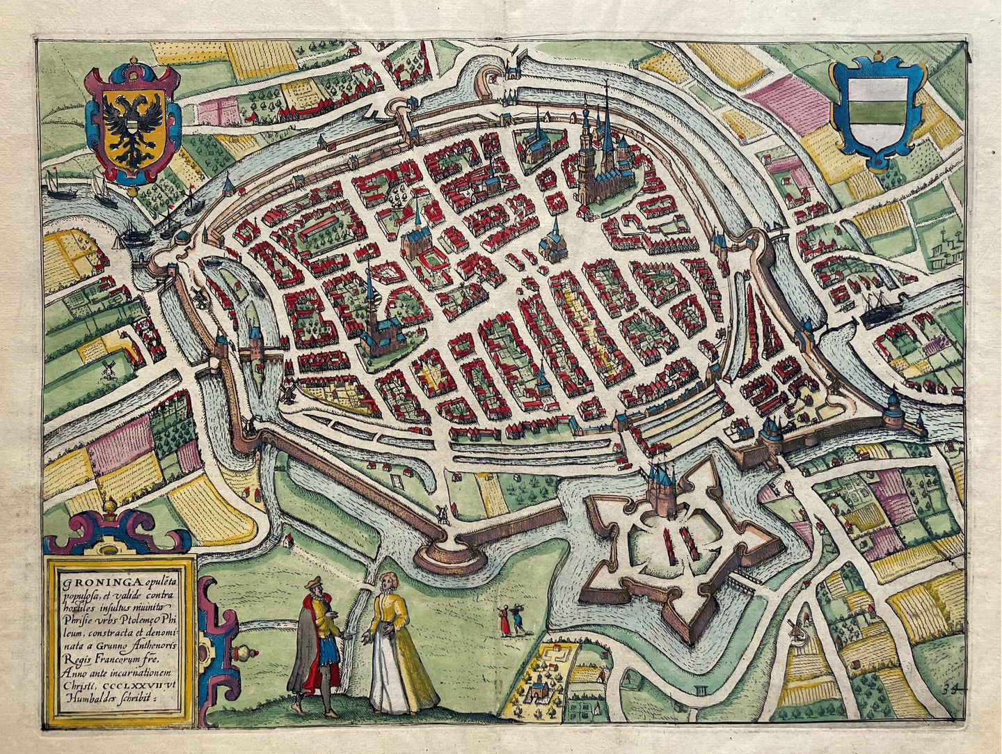 Groningen Stadsplattegrond in vogelvluchtperspectief - WJ Blaeu / L Guicciardini - 1612