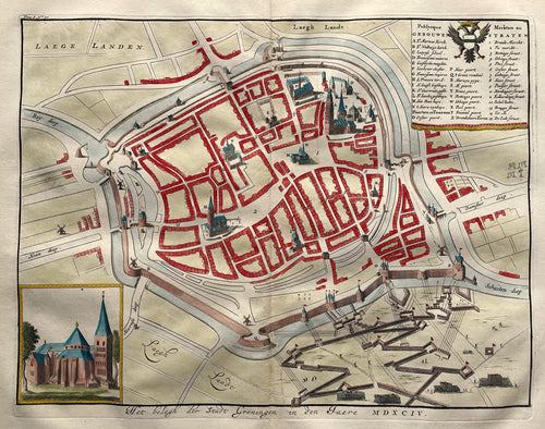 Groningen Stadsplattegrond met beleg van de stad in 1594 - PC Hooft - 1677