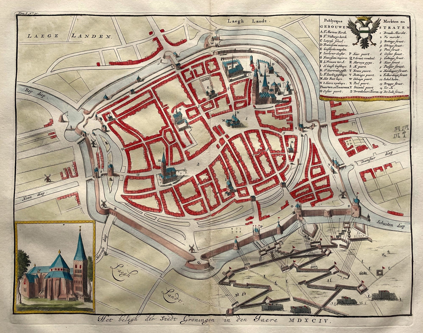 Groningen Stadsplattegrond met beleg van de stad in 1594 - PC Hooft - 1677