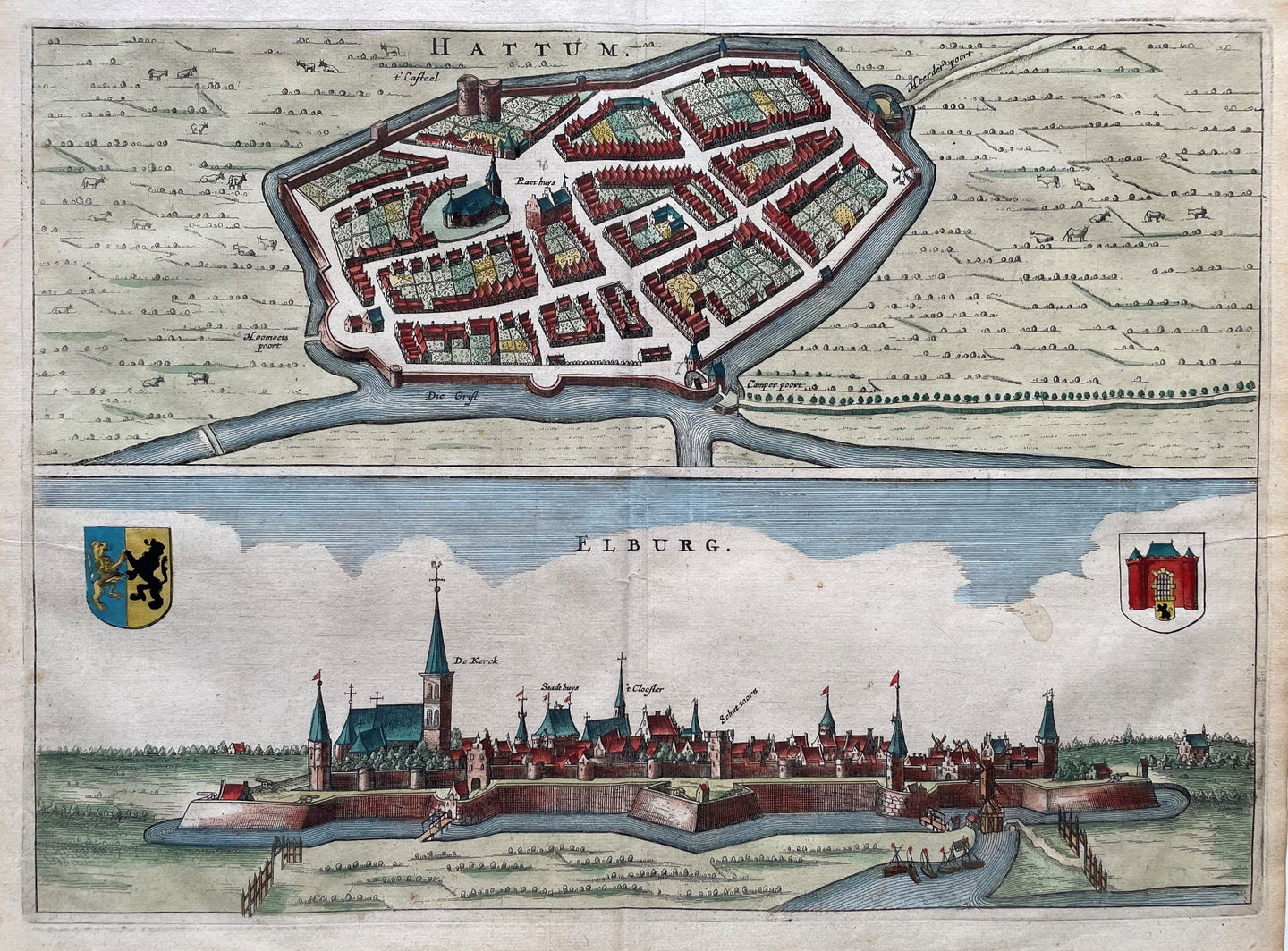 Hattem Stadsplattegrond in vogelvluchtperspectief / Elburg Aanzicht - N Geelckerken / J van Biesen - 1654