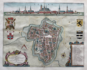 België Ieper Stadsplattegrond in vogelvluchtperspectief Aanzicht - J Blaeu - 1649