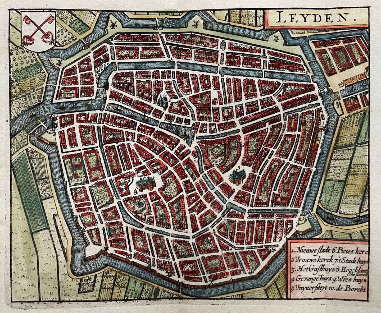 Leiden Stadsplattegrond in vogelvluchtperspectief - WJ Blaeu / L Guicciardini - 1635
