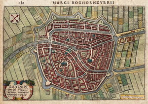 Leiden Stadsplattegrond in vogelvluchtperspectief - M Boxhorn - 1632
