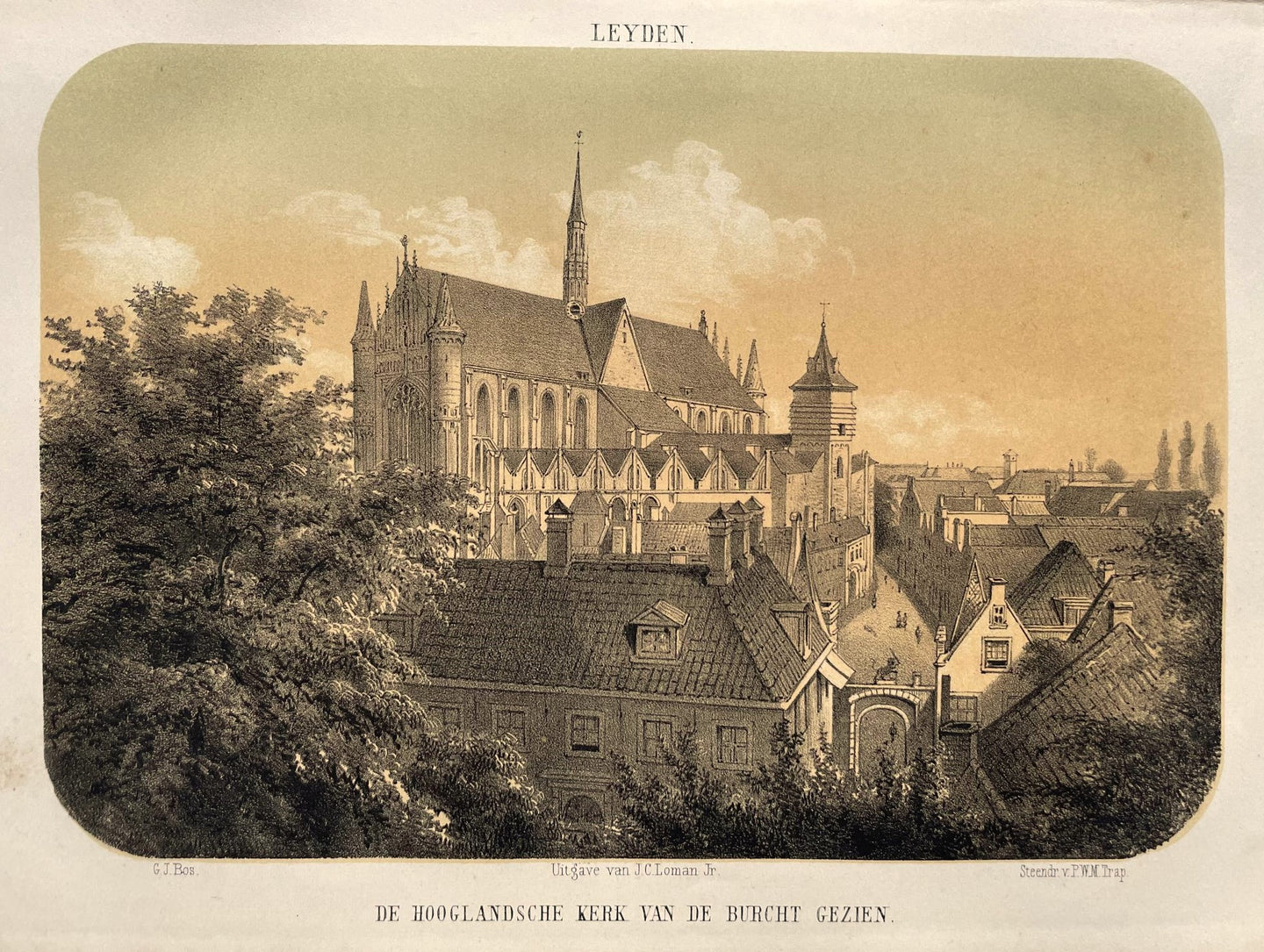 Leiden Hooglandse Kerk gezien vanaf de Burcht - PWM Trap / JC Loman jr - 1857