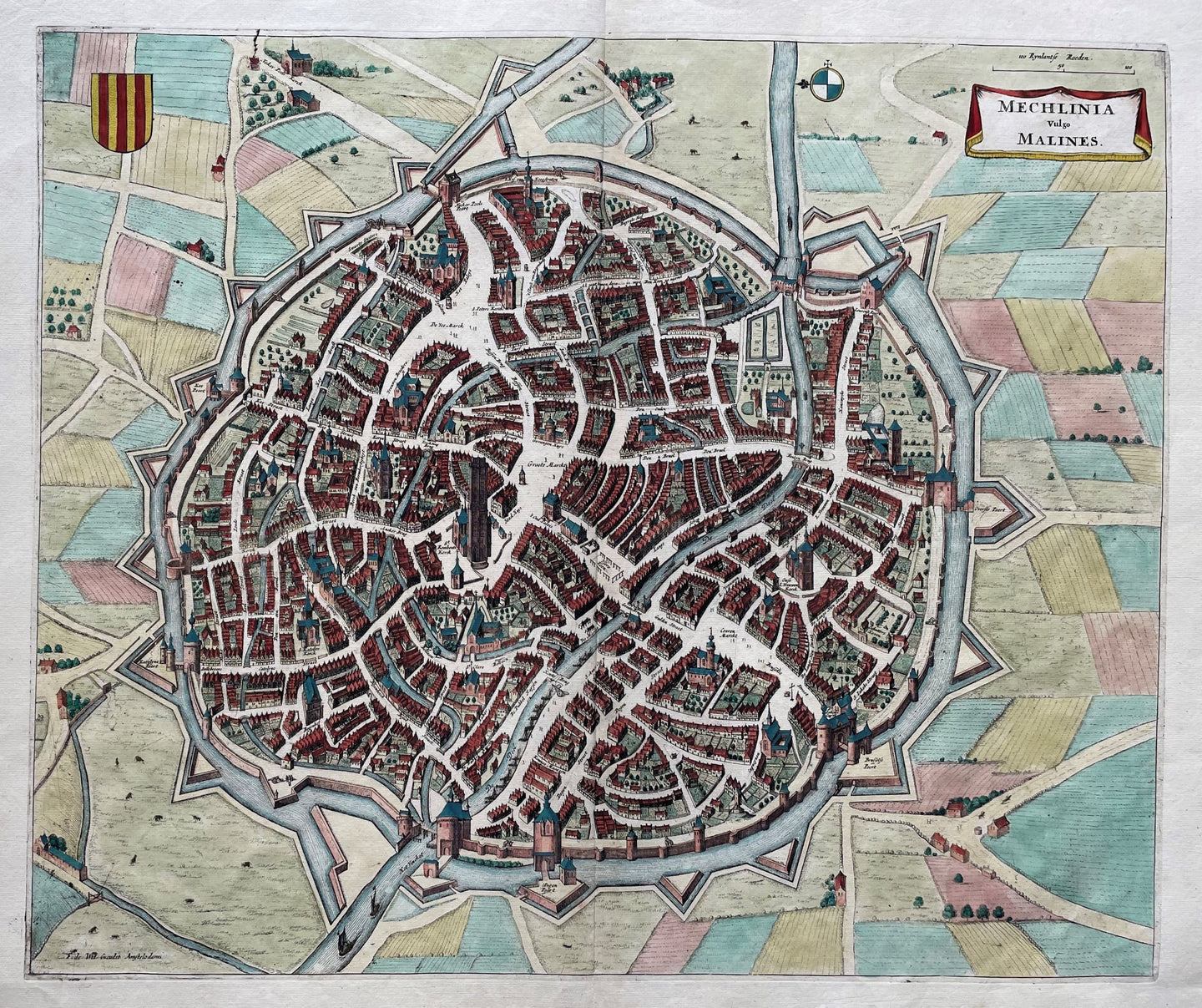 België Mechelen Belgium Stadsplattegrond in vogelvluchtperspectief - Frederick de Wit - 1698