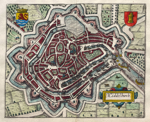 Middelburg Stadsplattegrond in vogelvluchtperspectief - WJ Blaeu / L Guicciardini - 1612
