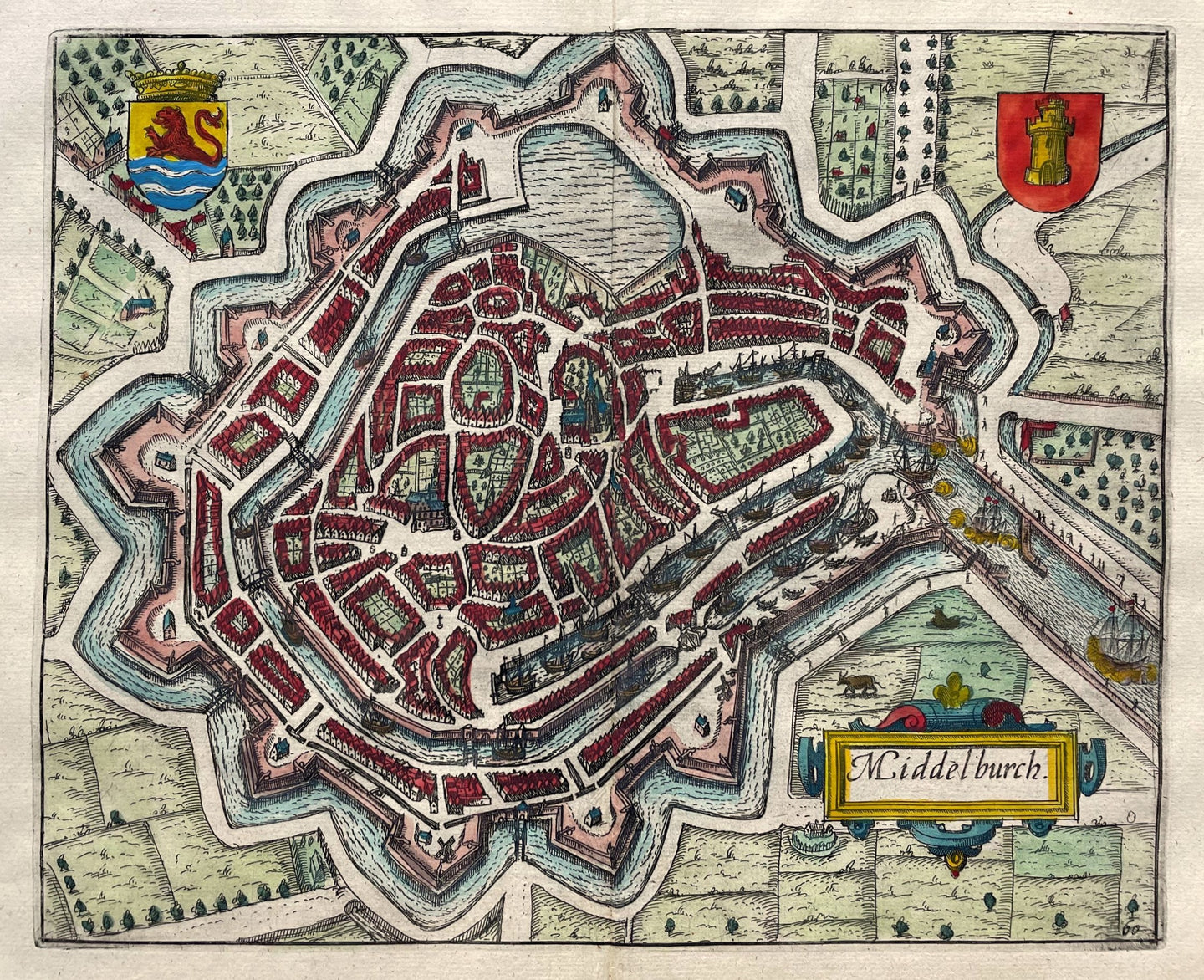 Middelburg Stadsplattegrond in vogelvluchtperspectief - WJ Blaeu / L Guicciardini - 1612