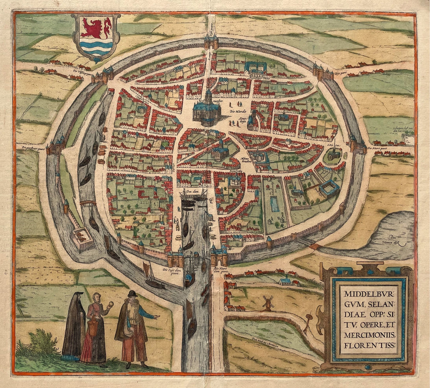 Middelburg Stadsplattegrond in vogelvluchtperspectief - G Braun & F Hogenberg - 1575