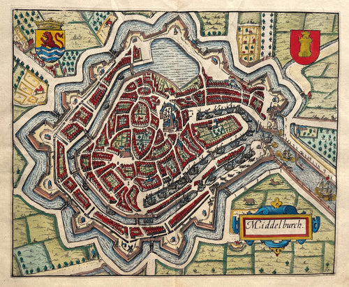 Middelburg Stadsplattegrond in vogelvluchtperspectief - WJ Blaeu / L Guicciardini - 1612