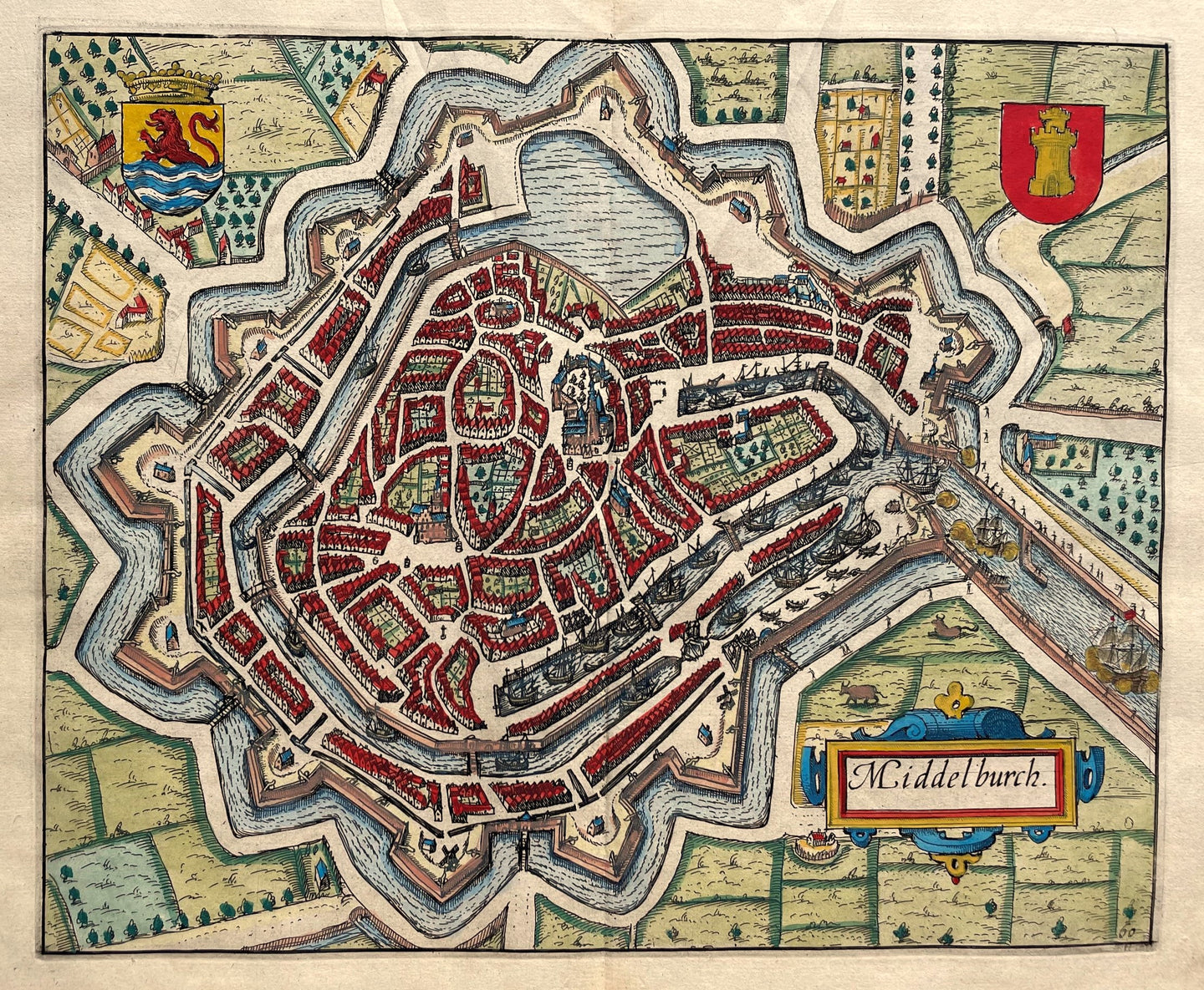 Middelburg Stadsplattegrond in vogelvluchtperspectief - WJ Blaeu / L Guicciardini - 1612