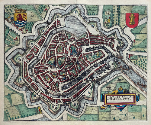 Middelburg Stadsplattegrond in vogelvluchtperspectief - WJ Blaeu / L Guicciardini - 1612