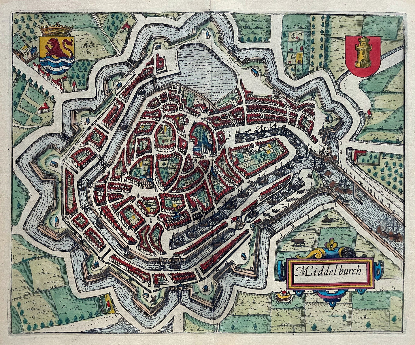 Middelburg Stadsplattegrond in vogelvluchtperspectief - WJ Blaeu / L Guicciardini - 1612