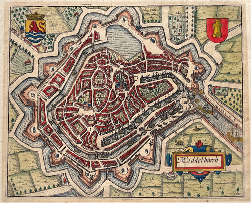 Middelburg Stadsplattegrond in vogelvluchtperspectief - WJ Blaeu / L Guicciardini - 1612