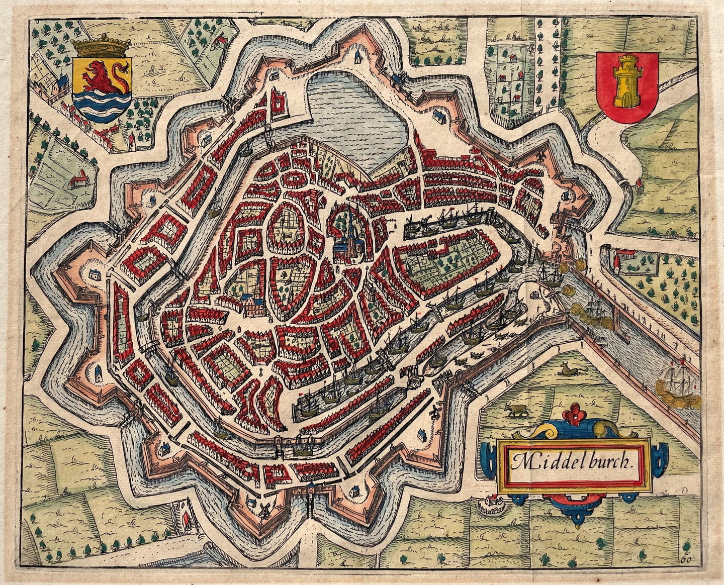 Middelburg Stadsplattegrond in vogelvluchtperspectief - WJ Blaeu / L Guicciardini - 1612
