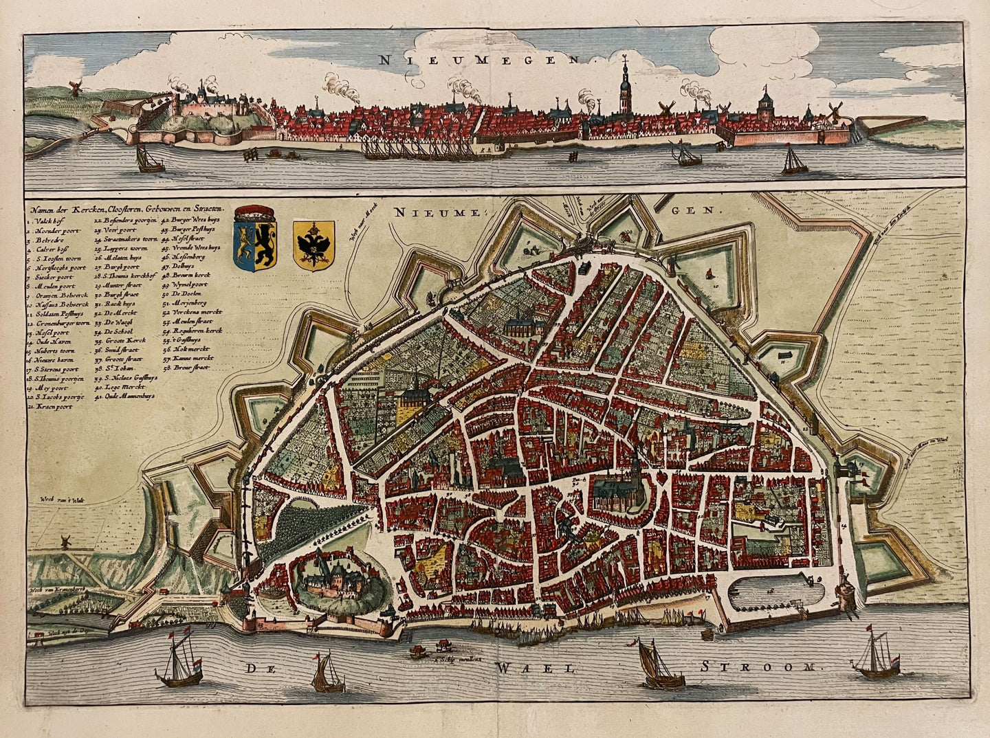 Nijmegen Stadsplattegrond met aanzicht - N Geelckerken / J van Biesen - 1654