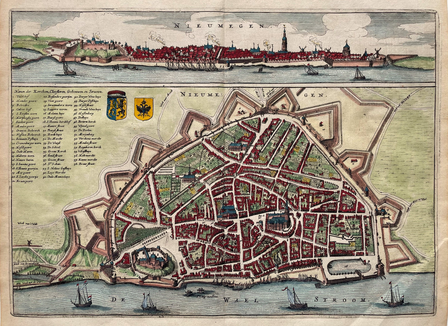 Nijmegen Stadsplattegrond met aanzicht - N Geelckerken / J van Biesen - 1654