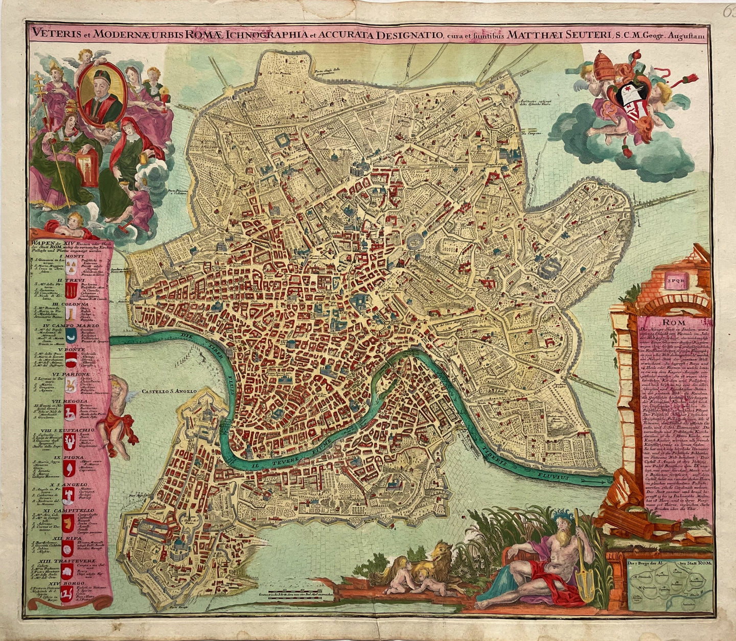 Italië Rome Stadsplattegrond in vogelvluchtperspectief - M Seutter - c ...