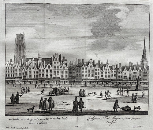 Rotterdam Standbeeld Erasmus Laurenskerk op de achtergrond - P Schenk - ca. 1710
