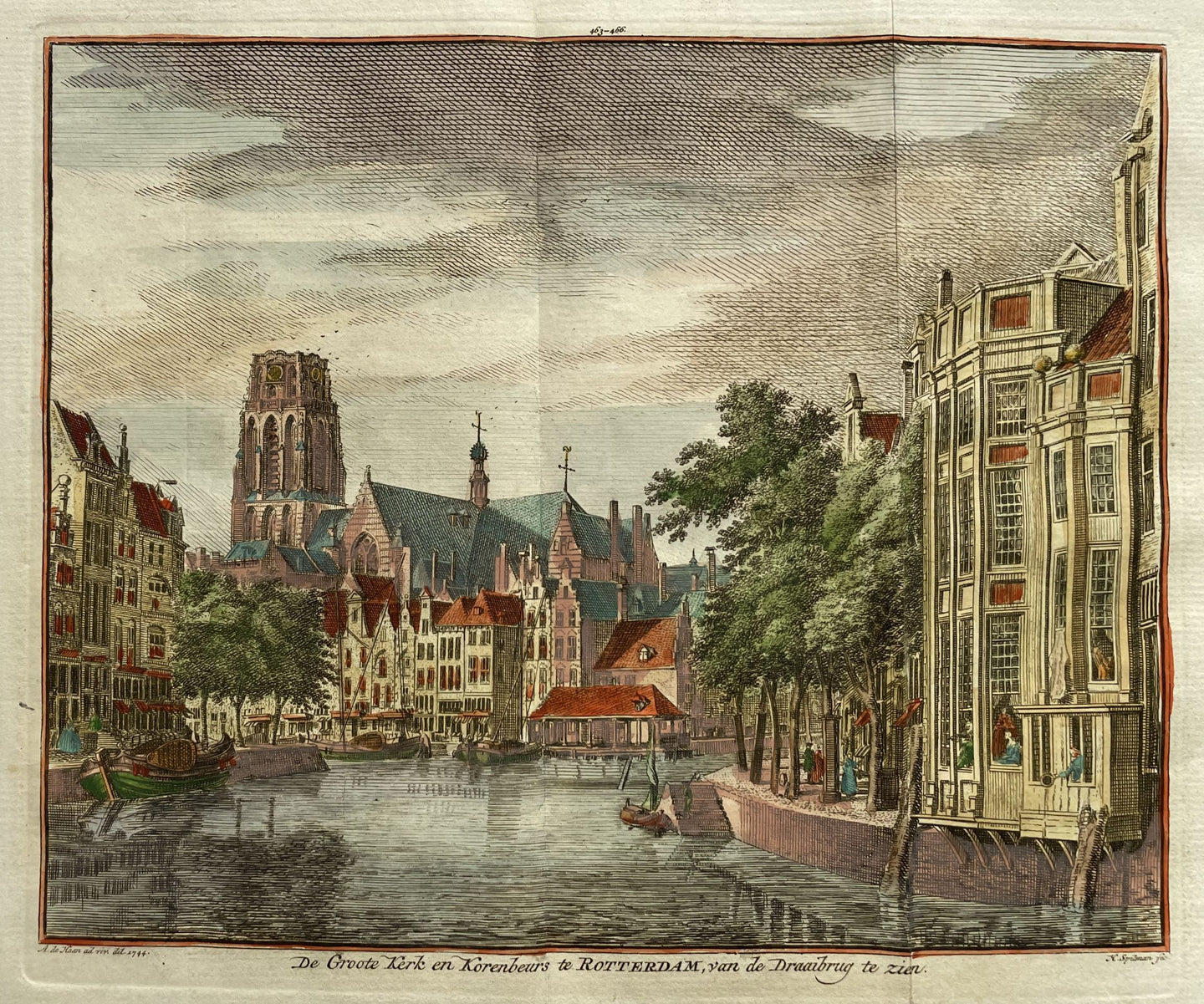 Rotterdam  Gezicht vanaf de Draaibrug op de Laurenskerk - H Spilman - ca. 1750