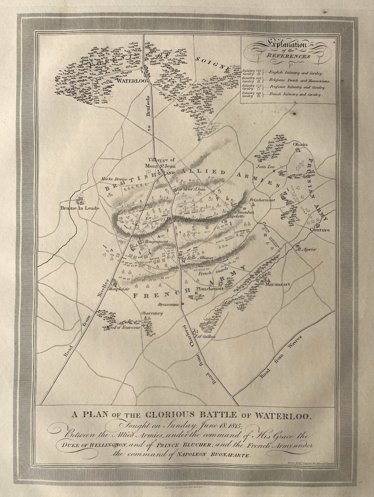 België Waterloo Plattegrond van de Slag bij Waterloo Belgium - R Bowyer - 1816