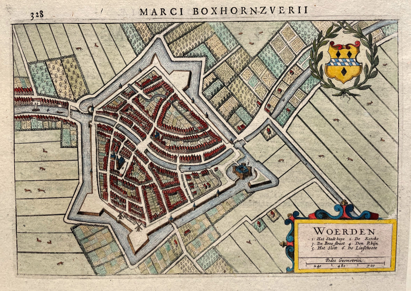 Woerden Stadsplattegrond in vogelvluchtperspectief - M Boxhorn - 1632