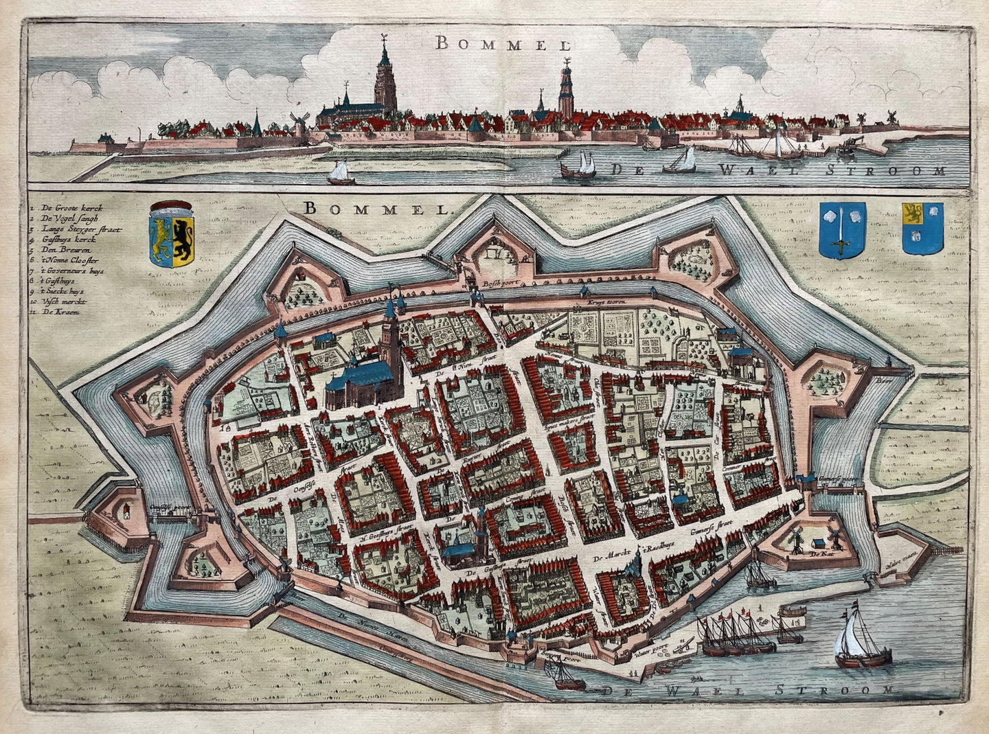 Zaltbommel Stadsplattegrond in vogelvluchtperspectief en aanzicht - N Geelckerken / J van Biesen - 1654