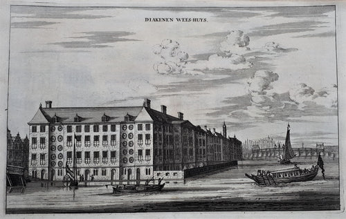 Amsterdam Het Diaconieweeshuis, Amstel 1, links Zwanenburgwal Op de achtergrond rechts de Blauwbrug - O Dapper - 1663